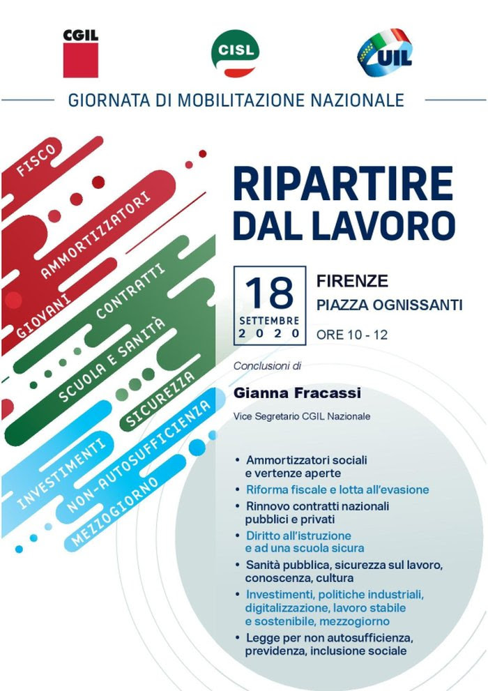 “Ripartire dal lavoro”, domani la mobilitazione dei sindacati: a Firenze in Piazza Ognissanti