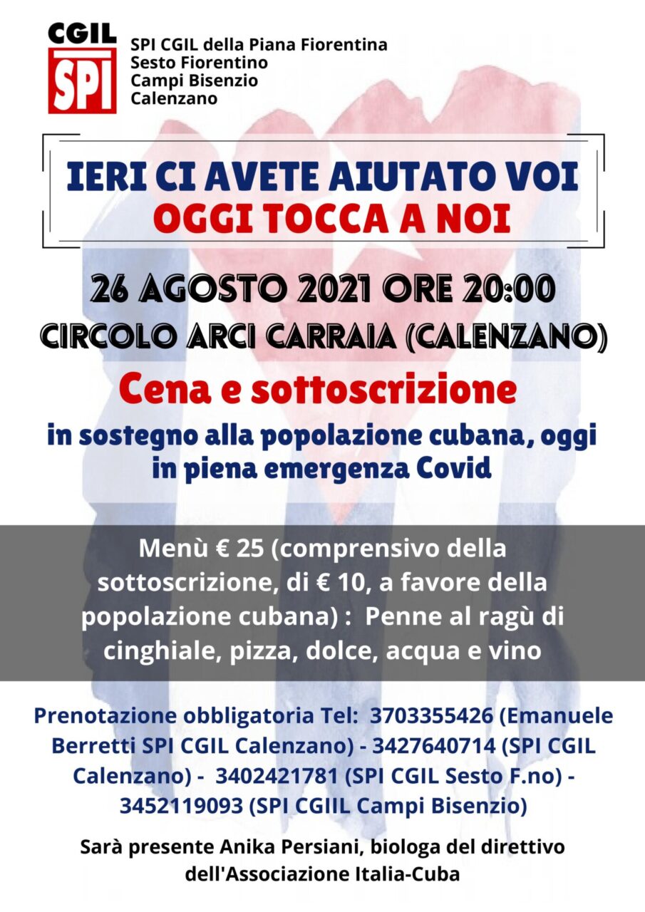 Giovedì al circolo Arci Carraia di Calenzano la serata per la popolazione cubana