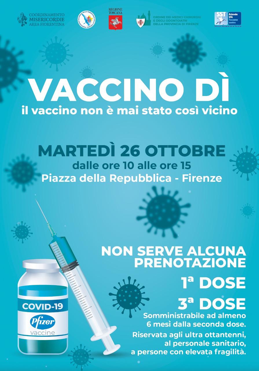 Il 26 ottobre vaccinazione libera, anche per la terza dose, in piazza della Repubblica a Firenze