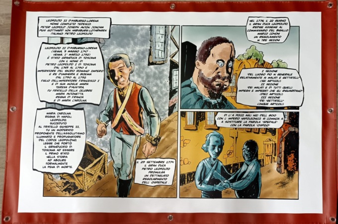 Sulle pareti di recinzione del cantiere in piazza dell’ospedale i fumetti di Niccolò Storai