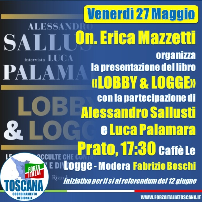 Giustizia, Mazzetti (FI) presenta “Lobby e Logge” di Palamara e Sallusti a Prato il 27 maggio
