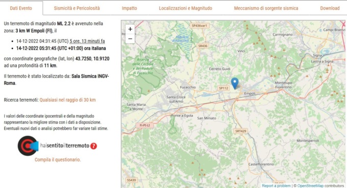 Terremoto nel fiorentino: scossa di magnitudo 2.2 con epicentro a Empoli