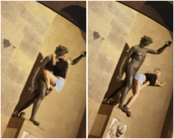 Firenze, turista si arrampica sulla statua di Bacco e mima atti sessuali
