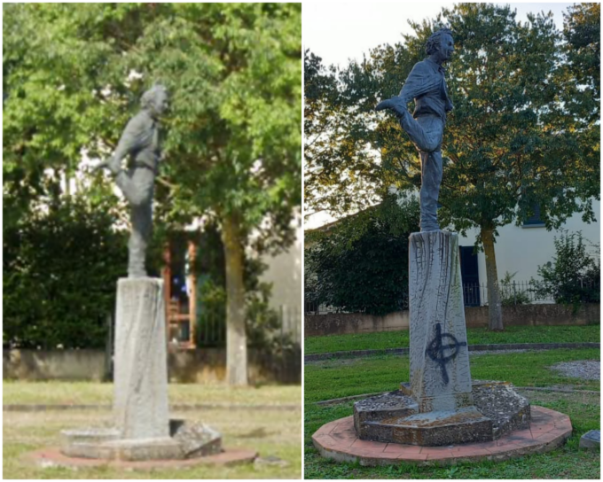 La statua di Roberto Benigni a Castiglion Fiorentino imbrattata con una croce celtica: “Assolutamente deplorevole”