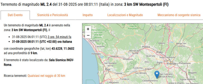 Terremoto, scossa in provincia di Firenze: epicentro a Montespertoli