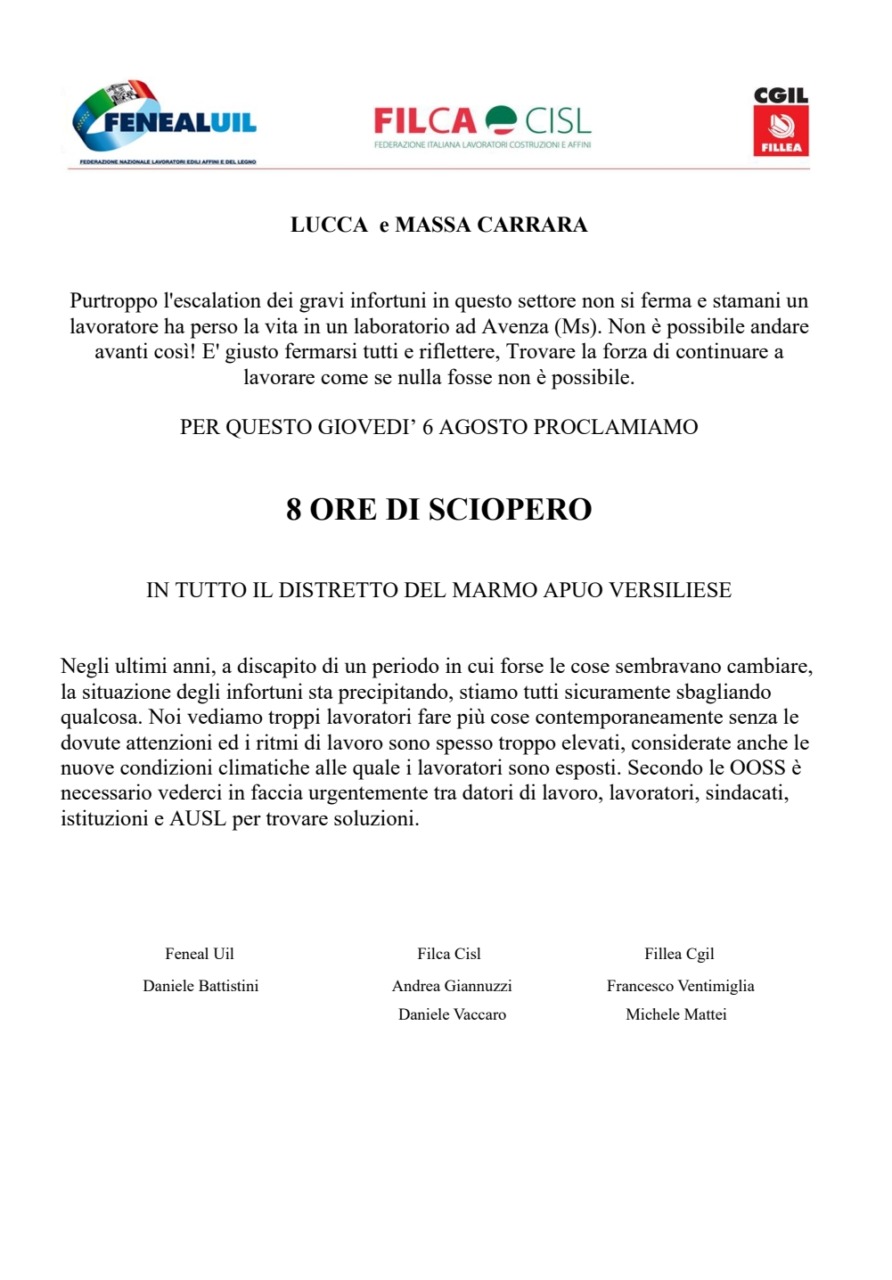 Morte bianca a Carrara, i sindacato proclamano otto ore di sciopero per giovedì